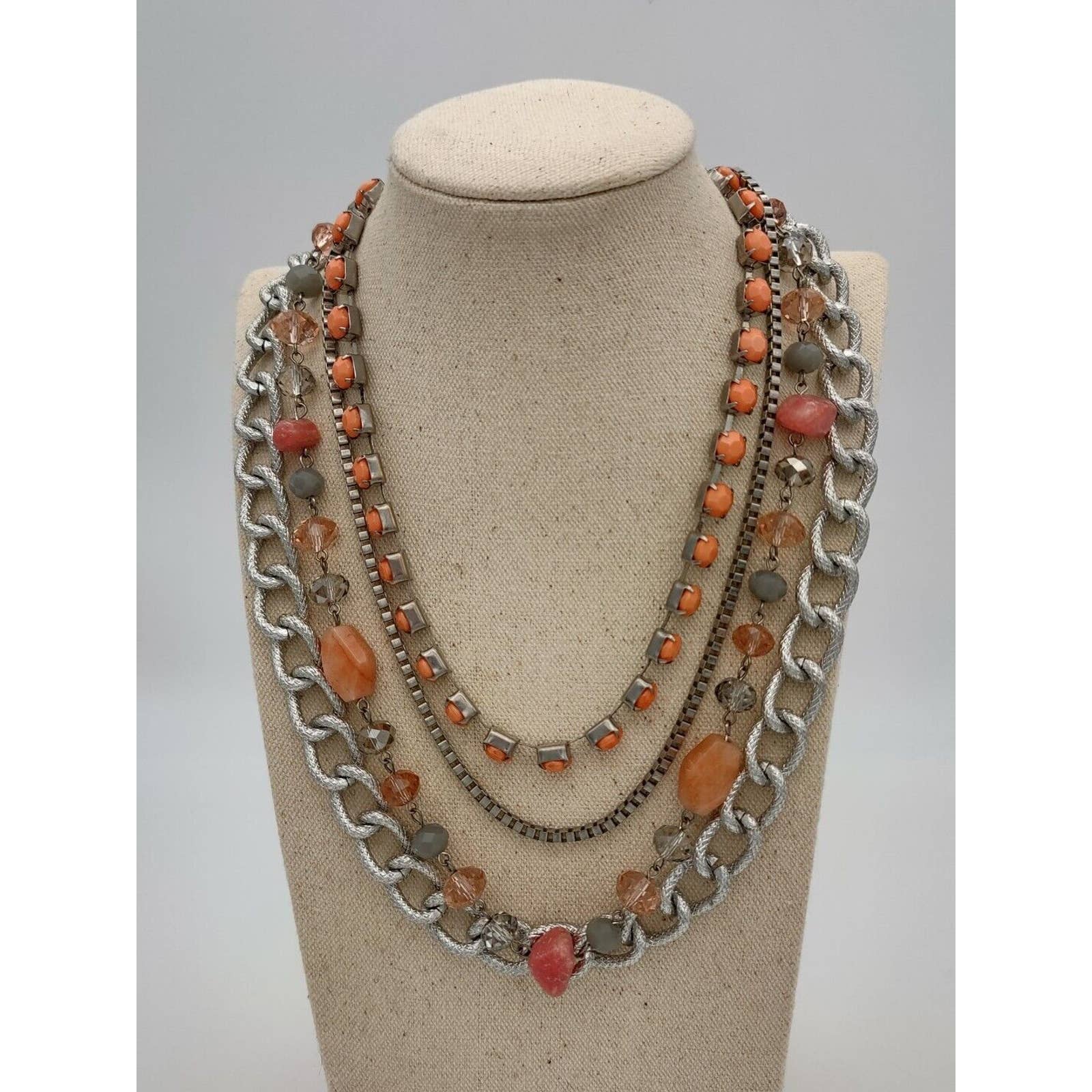 Layered Statement Necklace Silvertone Link Cherry Quartz Coral Acrylics 20$